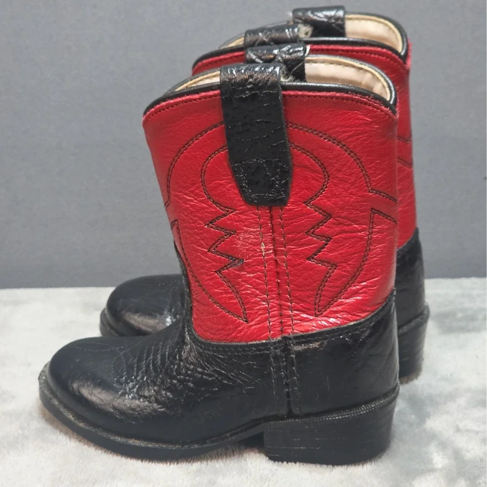 Old West Cowboy Boots Toddler Size 4 Black Red Leather Vintage Please See Photos